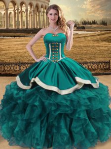 Extravagant Teal Organza Lace Up Sweetheart Sleeveless Floor Length Sweet 16 Dresses Beading and Ruffles