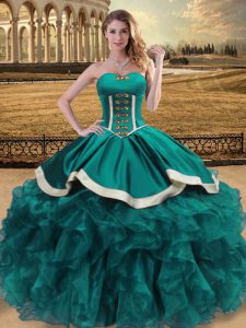 Extravagant Teal Organza Lace Up Sweetheart Sleeveless Floor Length Sweet 16 Dresses Beading and Ruffles
