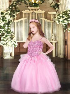 Affordable Pink Spaghetti Straps Neckline Appliques Pageant Dress Wholesale Sleeveless Lace Up