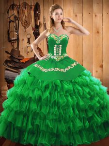 Excellent Sleeveless Floor Length Embroidery and Ruffled Layers Lace Up Ball Gown Prom Dress with Green