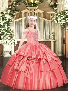 Fancy Beading and Ruffled Layers Girls Pageant Dresses Coral Red Lace Up Sleeveless Floor Length