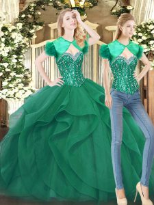 Dark Green Ball Gown Prom Dress Military Ball and Sweet 16 and Quinceanera with Beading and Ruffles Sweetheart Sleeveless Lace Up
