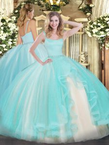 Pretty Aqua Blue Tulle Zipper Quinceanera Gown Sleeveless Floor Length Beading