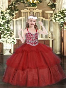 Wine Red Ball Gowns Straps Sleeveless Organza Floor Length Lace Up Beading and Ruffled Layers Pageant Dress