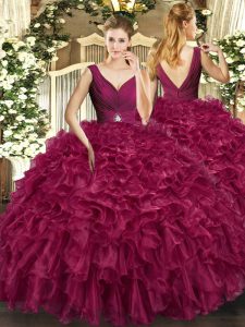 Sleeveless Organza Floor Length Backless Quinceanera Dresses in Burgundy with Beading and Ruffles