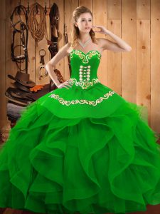 Inexpensive Green Organza Lace Up Quince Ball Gowns Sleeveless Floor Length Embroidery and Ruffles