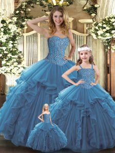Smart Teal Ball Gowns Sweetheart Sleeveless Organza Floor Length Lace Up Beading and Ruffles Vestidos de Quinceanera
