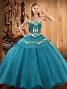 Tulle Sweetheart Sleeveless Lace Up Embroidery Sweet 16 Dresses in Teal