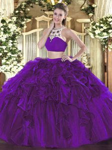 Luxurious Eggplant Purple Tulle Backless High-neck Sleeveless Floor Length Vestidos de Quinceanera Beading and Ruffles