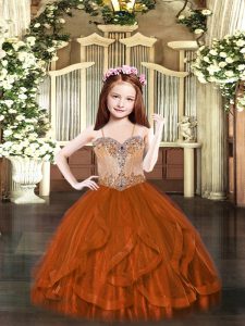Nice Rust Red Lace Up Child Pageant Dress Beading and Ruffles Sleeveless Floor Length