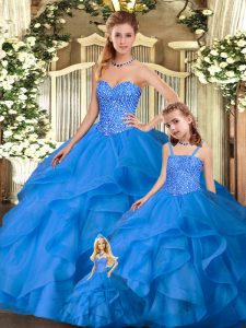 Custom Designed Floor Length Ball Gowns Sleeveless Blue Quince Ball Gowns Lace Up
