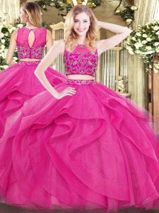 Customized Hot Pink Quinceanera Dresses Military Ball and Sweet 16 and Quinceanera with Beading and Ruffles Scoop Sleeveless Zipper