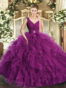 Dazzling Fuchsia Ball Gowns Organza V-neck Sleeveless Beading Floor Length Backless Sweet 16 Quinceanera Dress