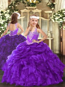 Sleeveless Organza Floor Length Lace Up Kids Pageant Dress in Purple with Beading and Ruffles and Pick Ups