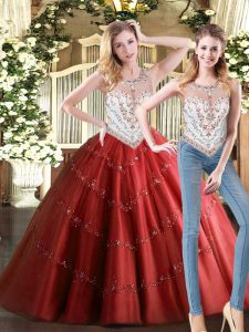 Dynamic Sleeveless Floor Length Beading Zipper Quinceanera Dress with Wine Red