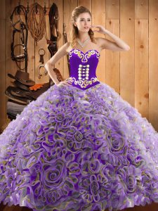 Edgy With Train Multi-color Quince Ball Gowns Satin and Fabric With Rolling Flowers Sweep Train Sleeveless Embroidery