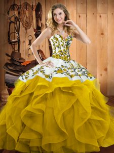 Best Yellow Satin and Organza Lace Up Sweetheart Sleeveless Floor Length Ball Gown Prom Dress Embroidery and Ruffles