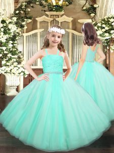 Classical Floor Length Apple Green Glitz Pageant Dress Tulle Sleeveless Beading and Lace