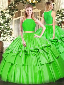 Green Tulle Zipper Quinceanera Gown Sleeveless Floor Length Ruffled Layers