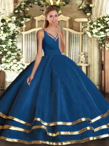 Dynamic Sleeveless Organza Floor Length Backless Vestidos de Quinceanera in Blue with Ruffled Layers
