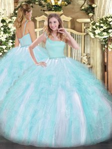 Aqua Blue Zipper Quinceanera Dresses Beading and Ruffles Sleeveless Floor Length