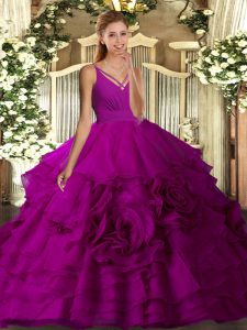 Admirable Fuchsia Ball Gowns Fabric With Rolling Flowers V-neck Sleeveless Ruching With Train Backless Quinceanera Dresses Sweep Train