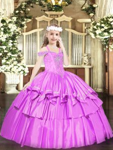 Floor Length Lace Up Pageant Dress Toddler Lilac for Party and Quinceanera with Beading and Ruffled Layers