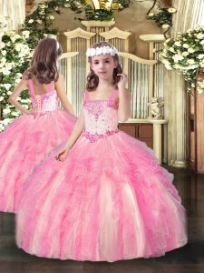 Rose Pink Sleeveless Beading and Ruffles Floor Length Pageant Dress Womens