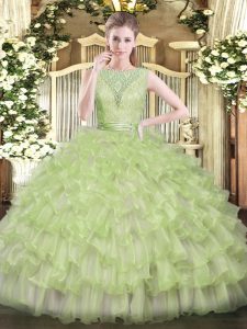Yellow Green Quince Ball Gowns Military Ball and Sweet 16 and Quinceanera with Beading and Ruffled Layers Scoop Sleeveless Backless