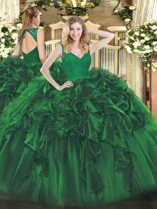 High End Ball Gowns Quinceanera Gowns Dark Green V-neck Organza Sleeveless Floor Length Backless