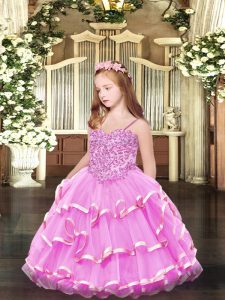 Floor Length Rose Pink Winning Pageant Gowns Spaghetti Straps Sleeveless Lace Up