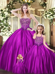 Eggplant Purple Strapless Lace Up Beading Quinceanera Dresses Sleeveless