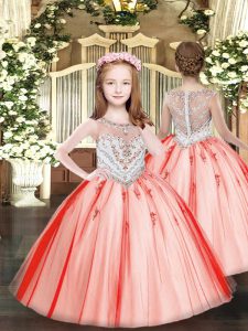 Tulle Scoop Sleeveless Zipper Beading and Appliques Pageant Dresses in Coral Red