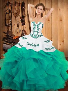 Classical Turquoise Strapless Lace Up Embroidery and Ruffles Quinceanera Dresses Sleeveless