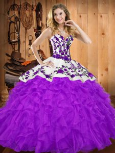 Purple Sweet 16 Quinceanera Dress Military Ball and Sweet 16 and Quinceanera with Embroidery and Ruffles Sweetheart Sleeveless Lace Up