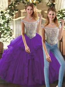 Stylish Purple Lace Up Bateau Beading and Ruffles Quinceanera Dress Organza Sleeveless