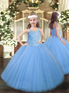 Best Floor Length Lace Up Pageant Dress Baby Blue for Party and Quinceanera with Beading