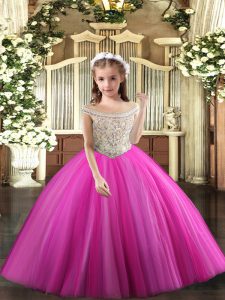 Best Fuchsia Ball Gowns Beading Pageant Dress Toddler Lace Up Tulle Sleeveless Floor Length