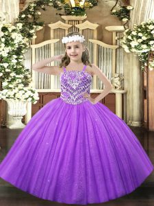 Simple Ball Gowns Pageant Dress Womens Lavender Straps Tulle Sleeveless Floor Length Lace Up