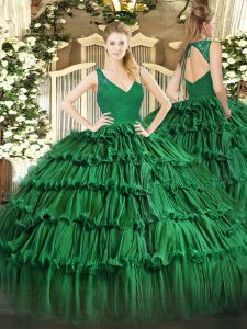 Customized Dark Green Backless Quince Ball Gowns Beading and Lace and Ruffled Layers Sleeveless Floor Length