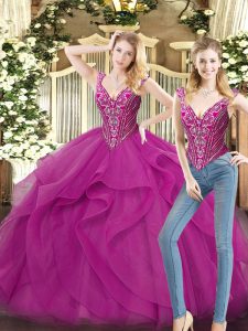 Charming Fuchsia Lace Up V-neck Beading and Ruffles 15th Birthday Dress Organza Sleeveless