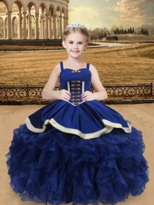 Perfect Sleeveless Floor Length Beading and Ruffles Lace Up Evening Gowns with Blue