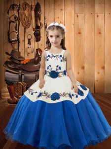 Blue Lace Up Pageant Dress Toddler Embroidery Sleeveless Floor Length