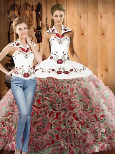 Halter Top Sleeveless 15 Quinceanera Dress Sweep Train Embroidery Multi-color Fabric With Rolling Flowers