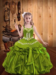 Olive Green Straps Neckline Embroidery and Ruffles Evening Gowns Sleeveless Lace Up