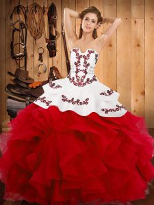 Floor Length Lace Up 15th Birthday Dress White And Red for Military Ball and Sweet 16 and Quinceanera with Embroidery and Ruffles