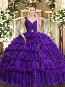 Modern Purple Ball Gowns Organza V-neck Sleeveless Beading and Ruffled Layers Floor Length Backless Ball Gown Prom Dress
