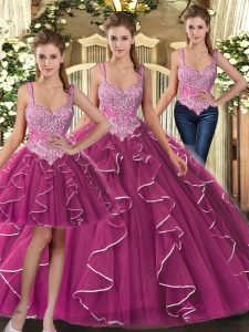 Elegant Straps Sleeveless 15th Birthday Dress Floor Length Beading and Ruffles Fuchsia Tulle