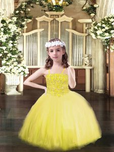 Yellow Lace Up Spaghetti Straps Beading Winning Pageant Gowns Tulle Sleeveless