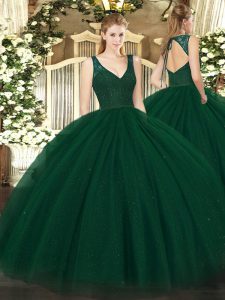 Fantastic Floor Length Dark Green Quince Ball Gowns V-neck Sleeveless Backless
